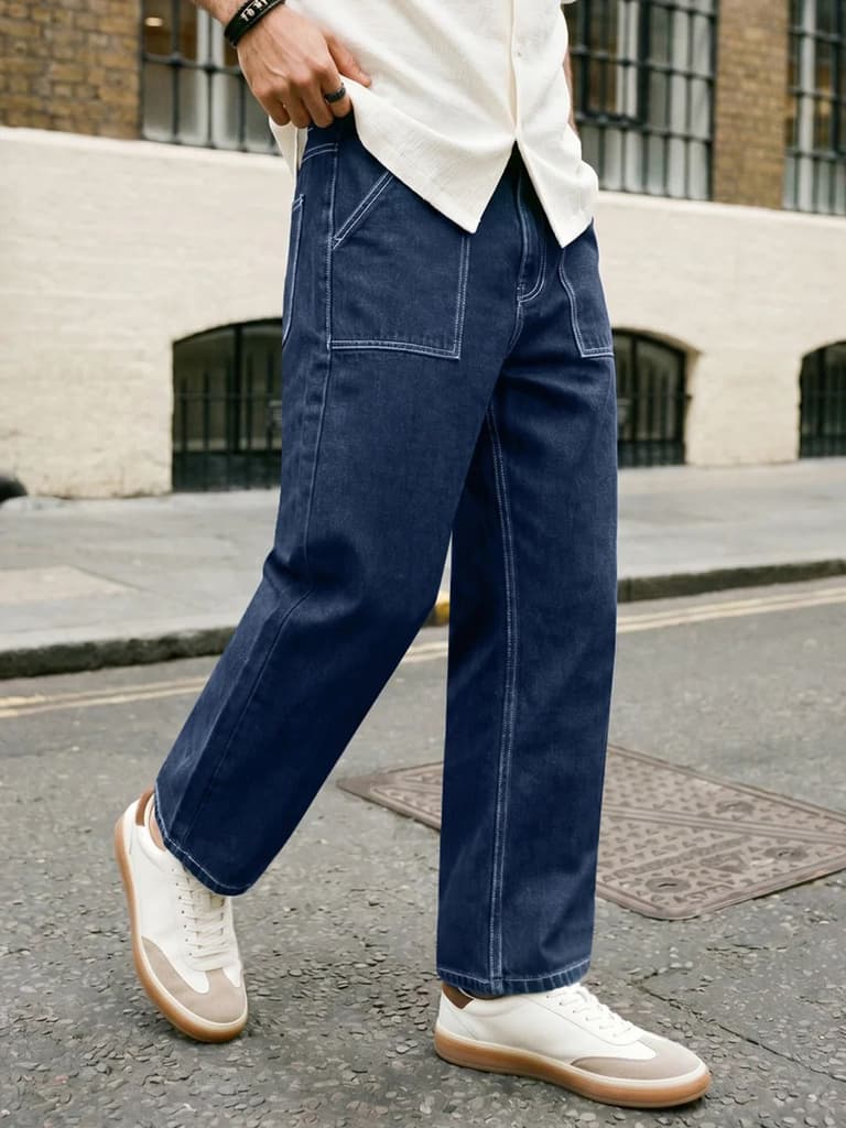 Men's Blue Loose Baggy Fit Washed Denim Jeans Non-Stretchable — 28 / Blue