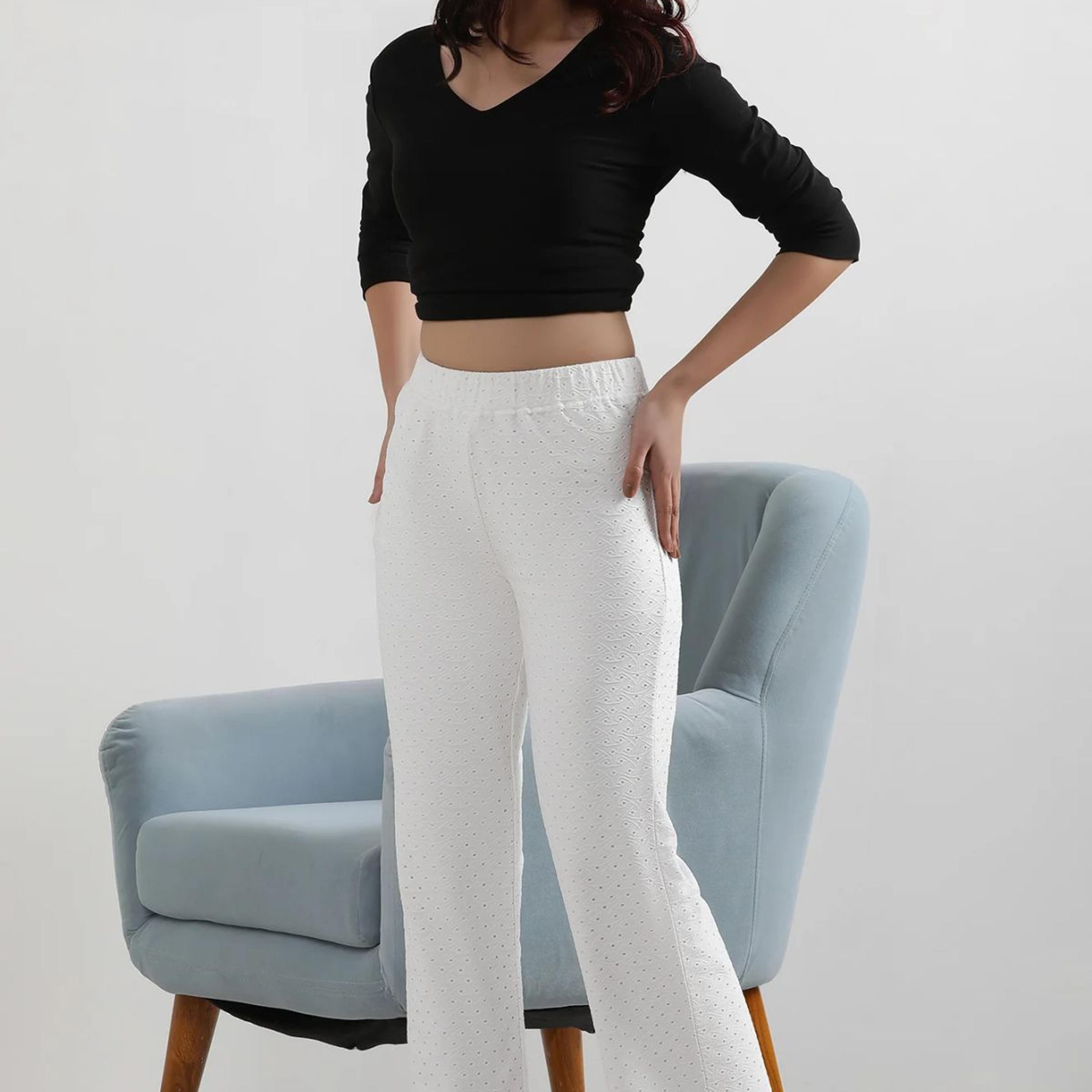 White Solid Straight Fit Palazzo With Elasticated Waist