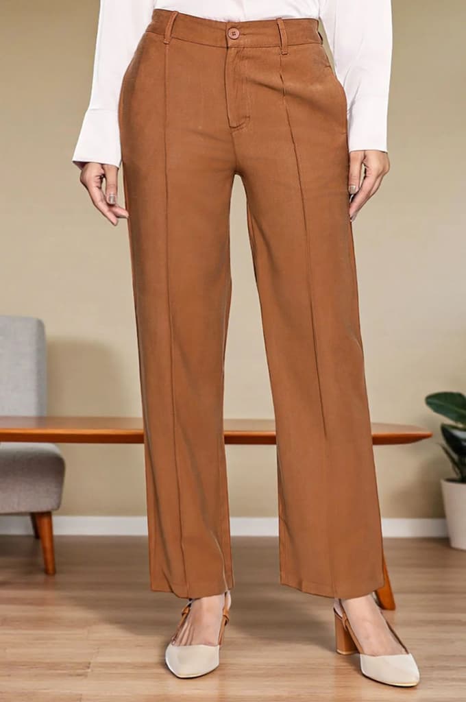 Brown Solid Korean Rayon Formal Parallel Pants with YKK Zipper — photo 2