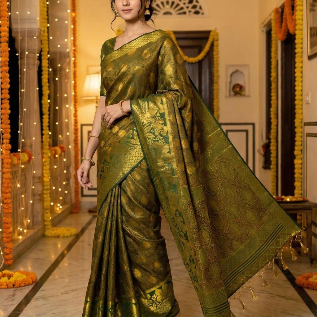 MIMOSA Women's Woven Design Kanjivaram Style Art Silk Saree with Blouse Piece - Green ( SA00003143GRNFREE )