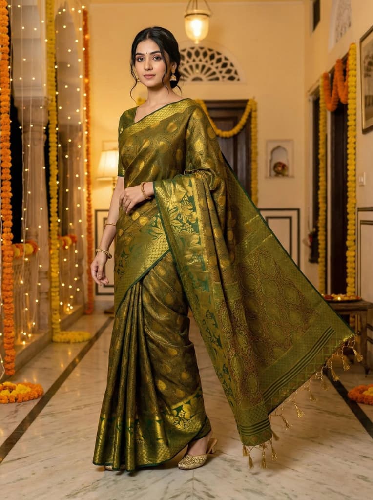 MIMOSA Women's Woven Design Kanjivaram Style Art Silk Saree with Blouse Piece - Green ( SA00003143GRNFREE ) — Default Title