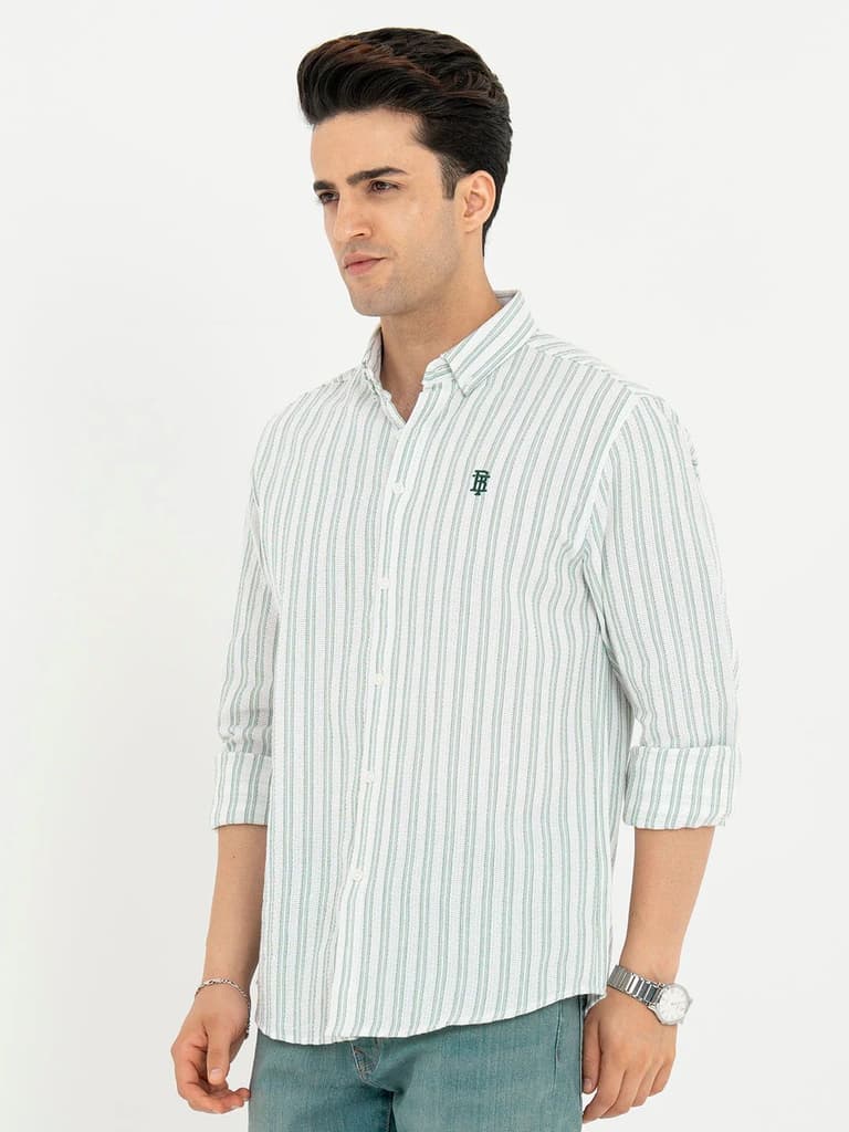 Shirts for Men in White and Green | Striped Full Sleeve Casual Shirt — photo 2