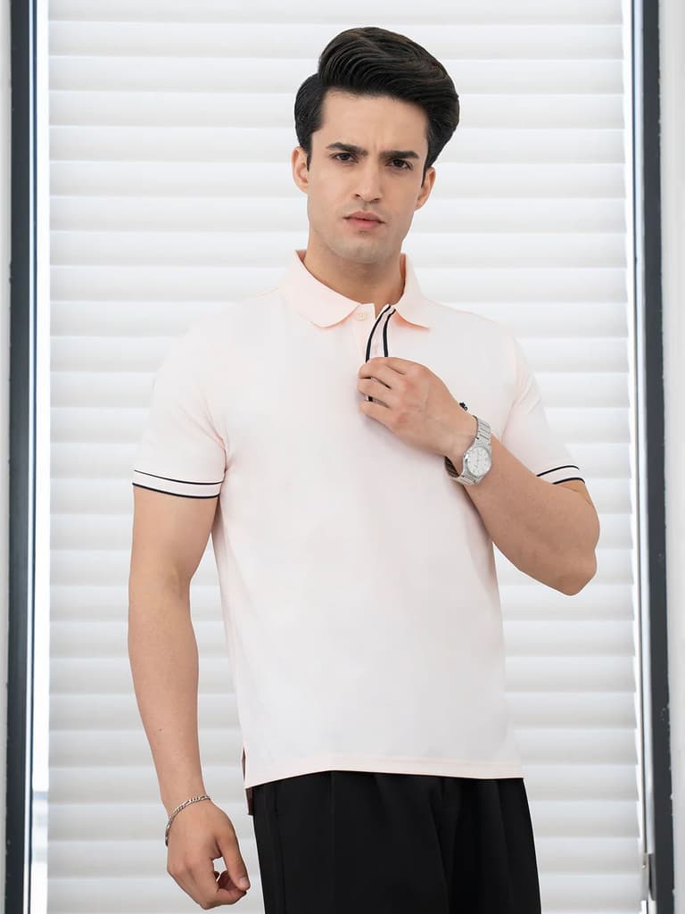 T Shirts for Men in Pastel Pink | Jacquard Placket Polo T Shirt — photo 2