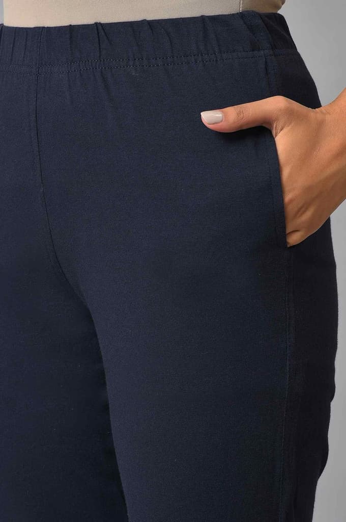 Navy Blue Solid Flared Cotton Pants With Elasticated Waist — photo 7