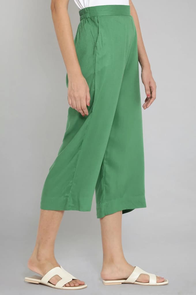 Muted Sage Green Solid Straight Fit Cotton Culottes With Elasticated Waist — photo 4