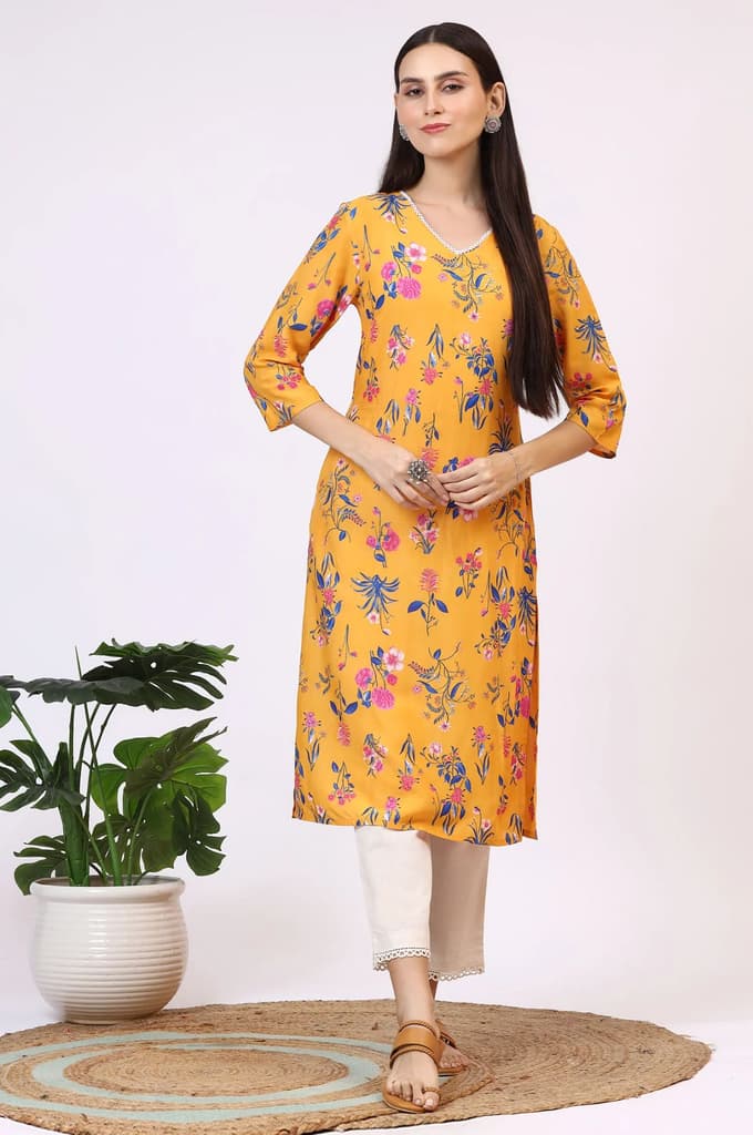 Yellow Floral Printed Modal Straight Kurta with Lace — photo 2
