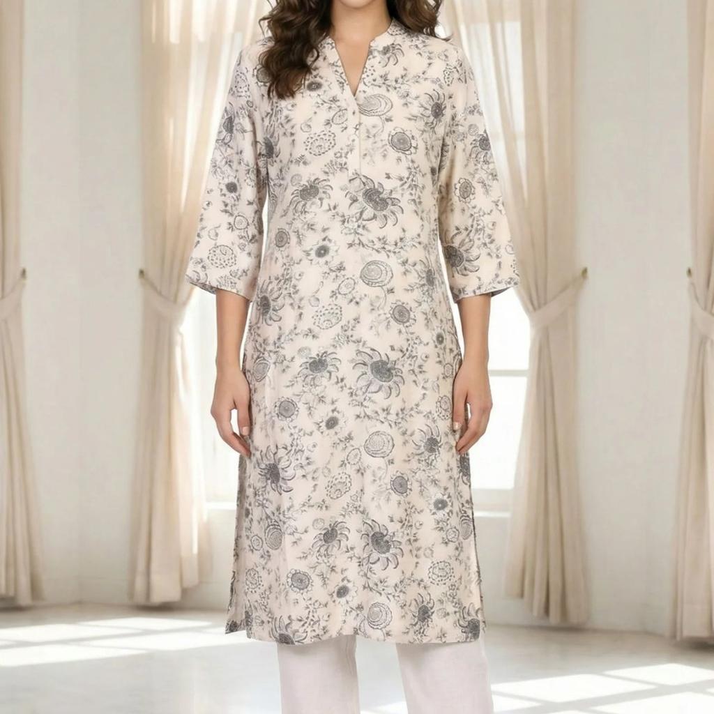 Off-White Floral Printed Straight Kurta