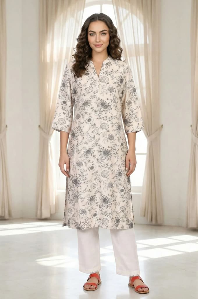 Off-White Floral Printed Straight Kurta — XS