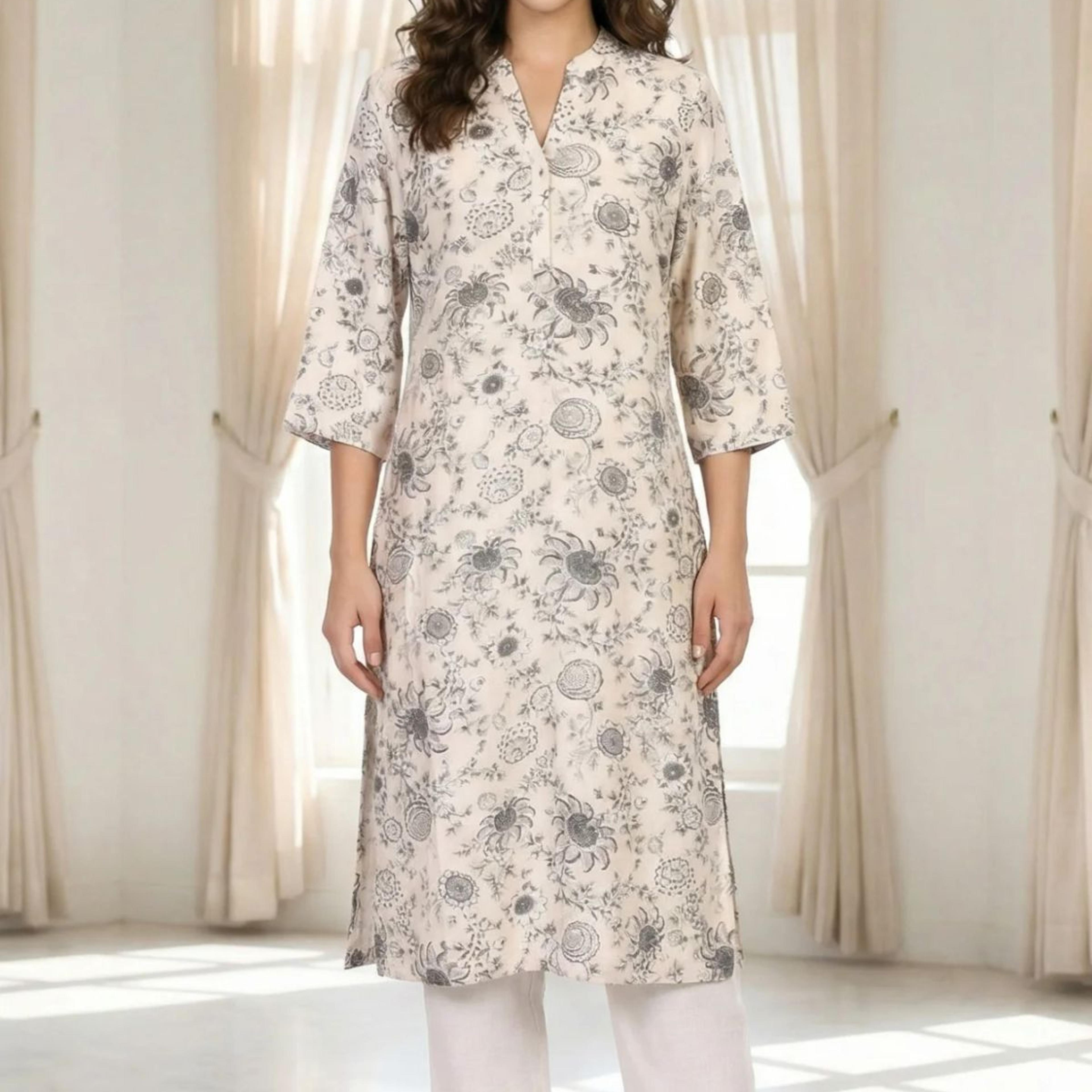Off-White Floral Printed Straight Kurta