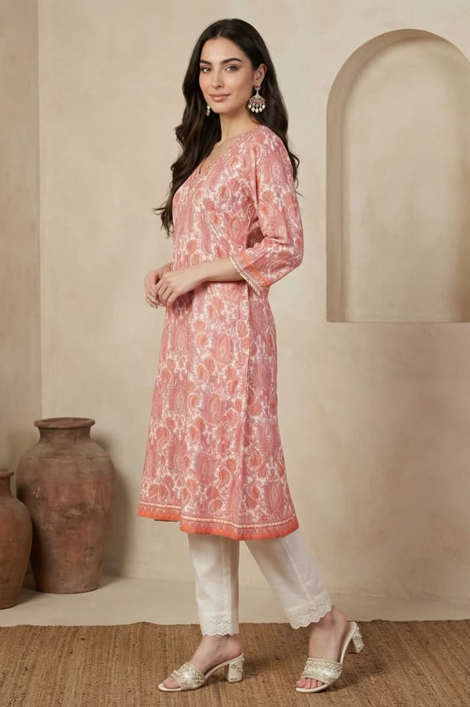 Peach Paisley Printed Sequins Modal Anarkali Kurta — photo 3
