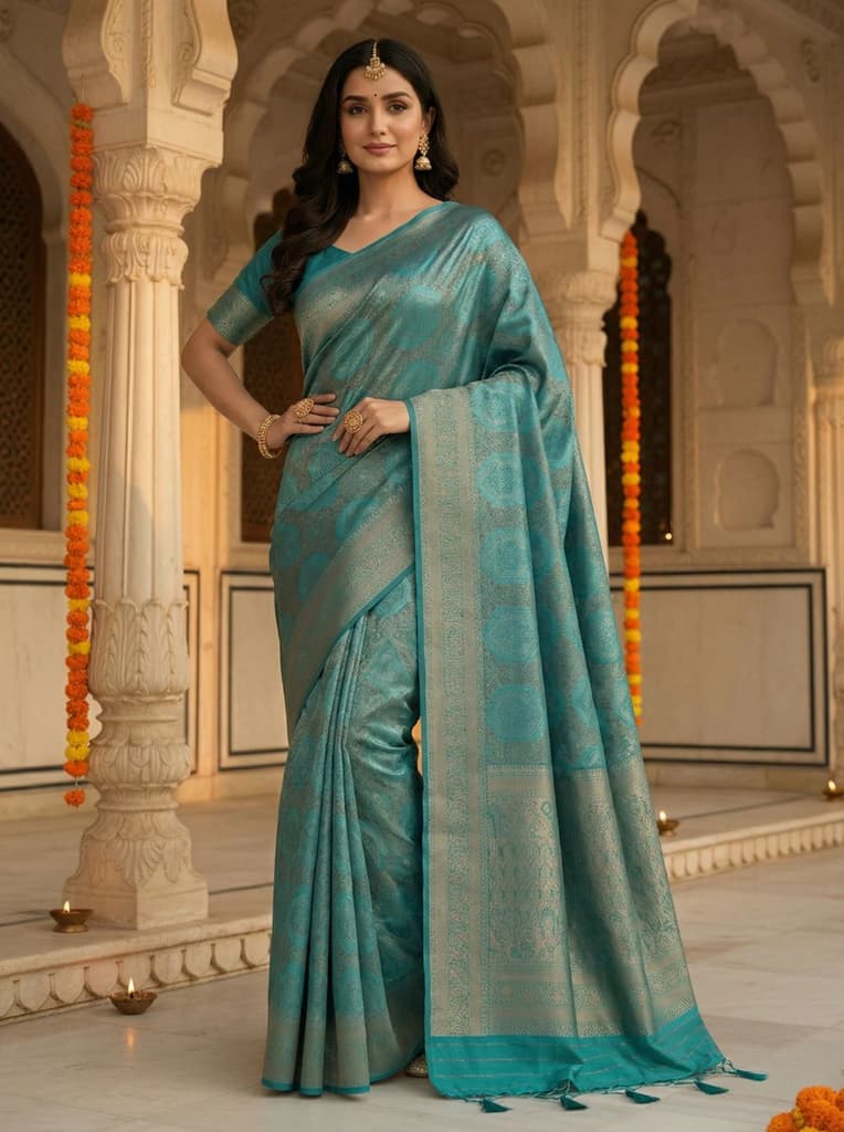 MIMOSA Women's Woven Design Kanjivaram Style Art Silk Saree with Blouse Piece - Saffire ( SA00002246SFFREE ) — Default Title