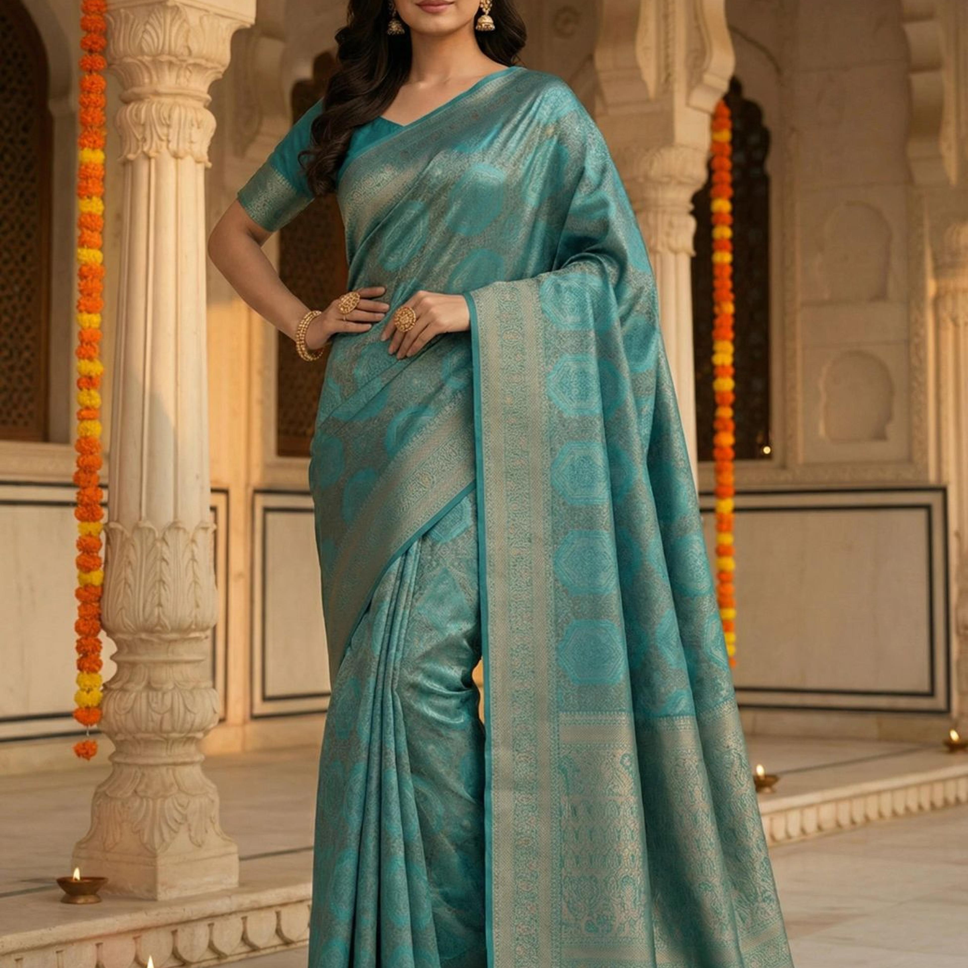 MIMOSA Women's Woven Design Kanjivaram Style Art Silk Saree with Blouse Piece - Saffire ( SA00002246SFFREE )