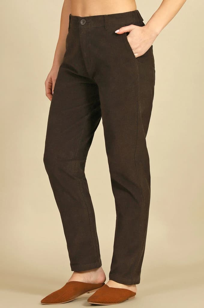 Dark Brown Solid Straight-fit Cotton Pants with YKK Zipper — photo 4