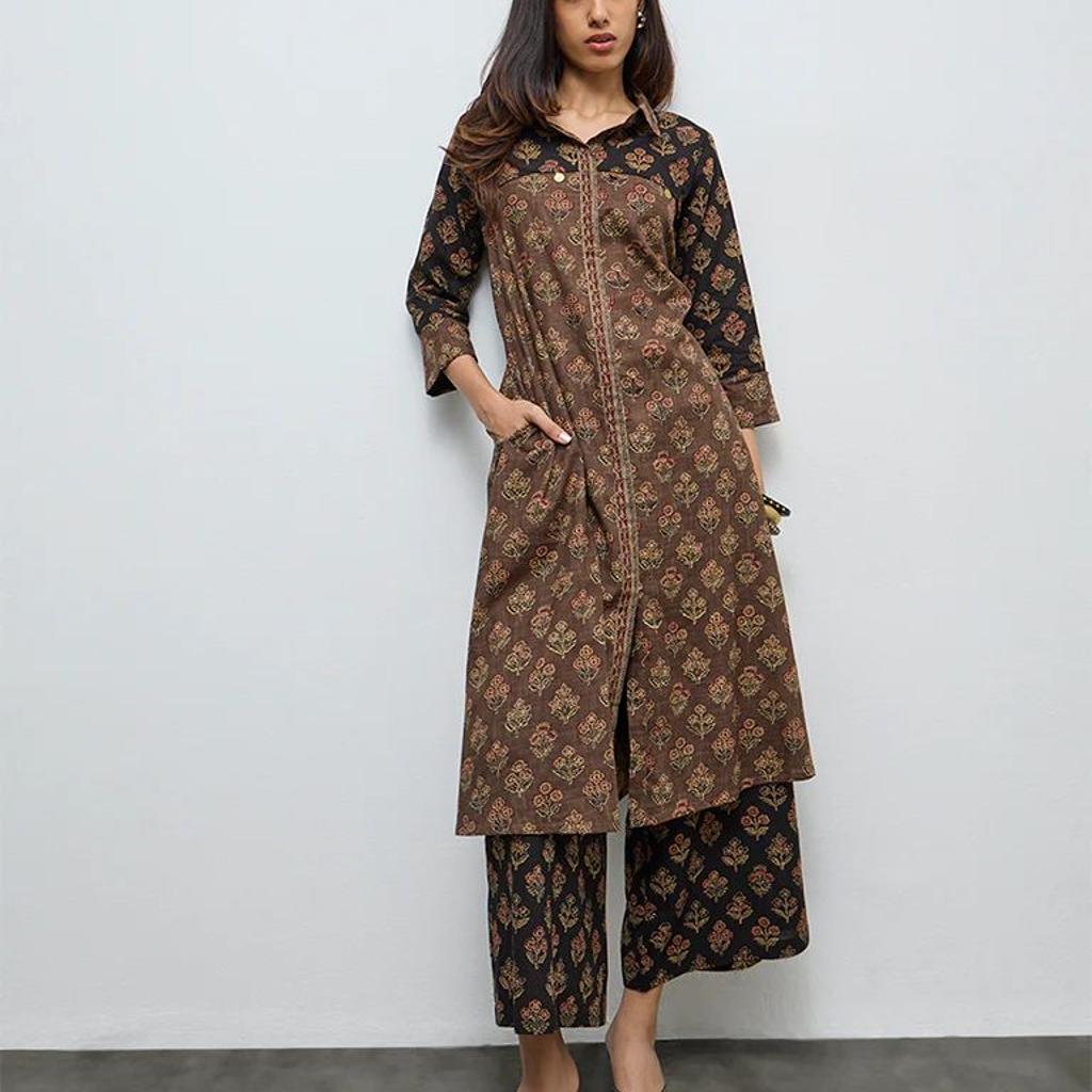 Utsa Taupe Botanical Design Cotton A-Line Kurta