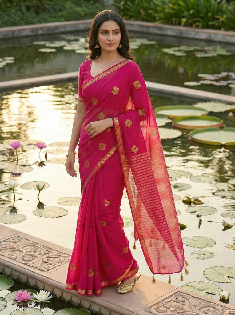 MIMOSA Women's Woven Design Banarasi Style Chiffon Saree with Blouse Piece - Rani ( SA00003123RNFREE ) — photo 2