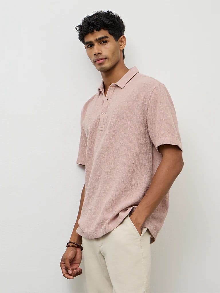 ETA Dusty Pink Textured Relaxed-Fit Cotton Polo T-Shirt — photo 3