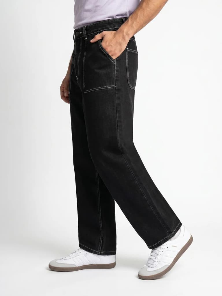 Men's Black Loose Baggy Fit Washed Denim Jeans Non-Stretchable — photo 2