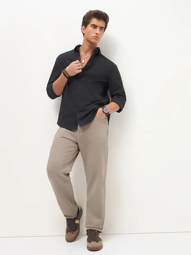 Men's Tan Loose Baggy Fit Washed Denim Jeans Non-Stretchable — photo 4