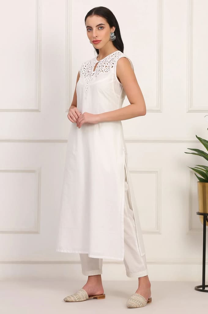 White Solid Embroidered Straight Pure Cotton Kurta, Straight Pant and Dupatta Set — photo 4