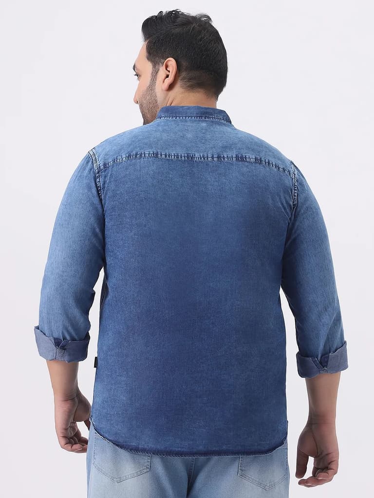 Plus Men's Blue Regular Fit Full Sleeve Washed Denim Shirt — photo 3