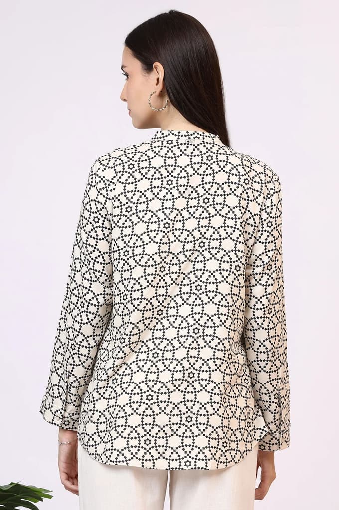 White Geometric Printed Button Down Rayon Shirt — photo 6