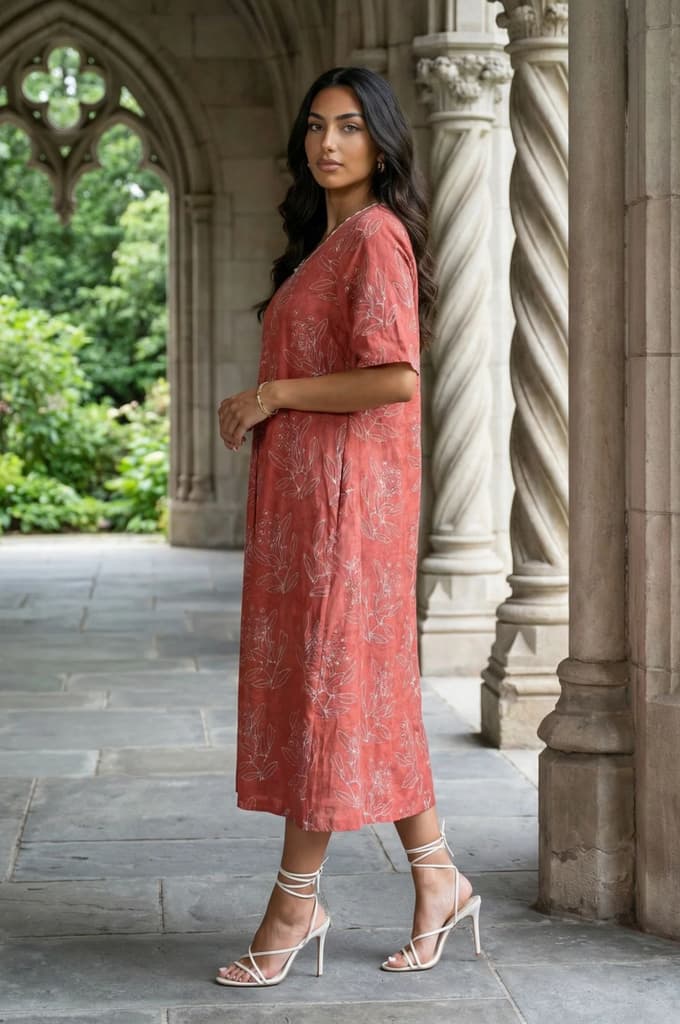 Rust Floral Printed Rayon A-line Dress — photo 4