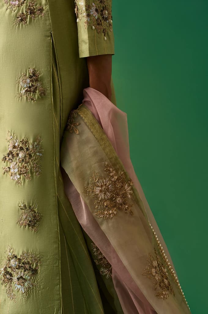 Green Embroidered Straight Cotton Kurta with Culotte and Dupatta Set — photo 7