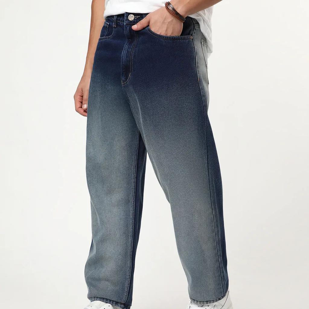 Men's Dark Blue Loose Baggy Fit Heavy Washed Faded Denim Jeans Non-Stretchable