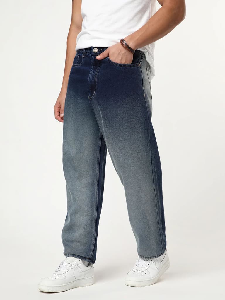 Men's Dark Blue Loose Baggy Fit Heavy Washed Faded Denim Jeans Non-Stretchable — 28 / Dark Blue