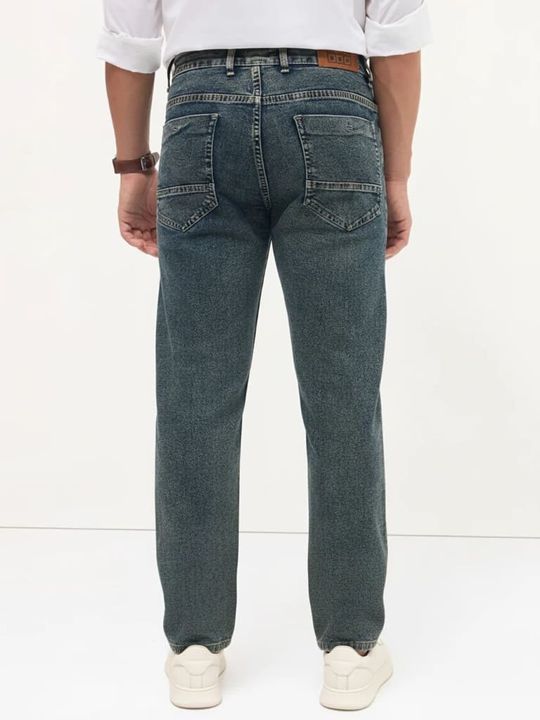 Men's Blue Regular Fit Towel Washed Yellow Tint Denim Jeans Stretchable — photo 4
