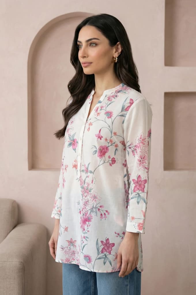 Off White Floral Printed Pure Cotton Straight Tunic — photo 4