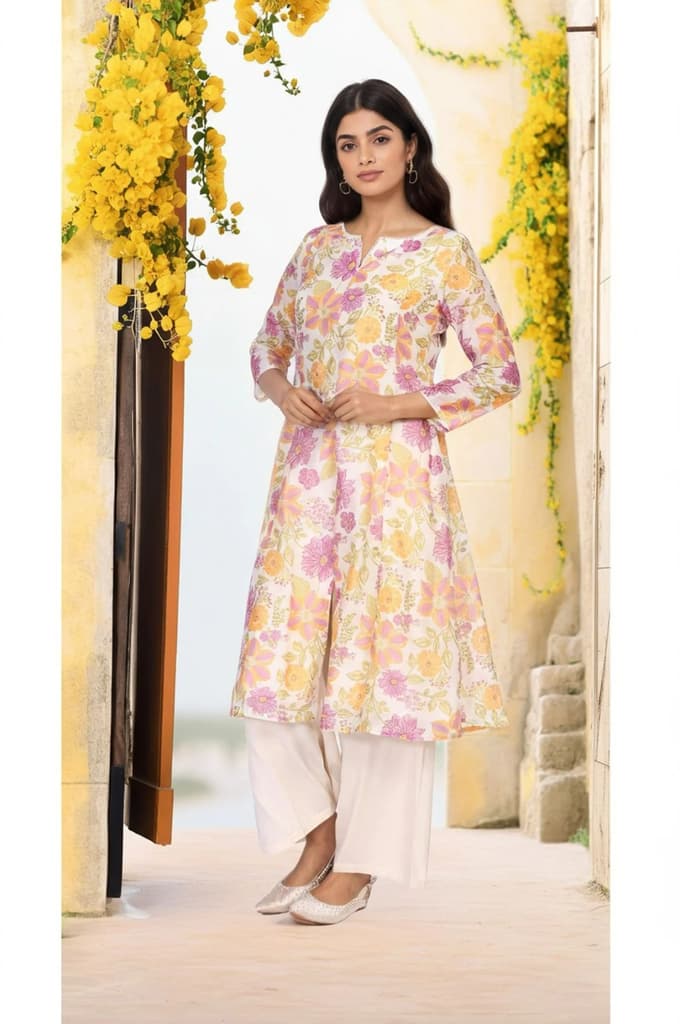 Off-White Floral Printed A-Line Kurta with Parallel Pant and Dupatta Set — photo 6