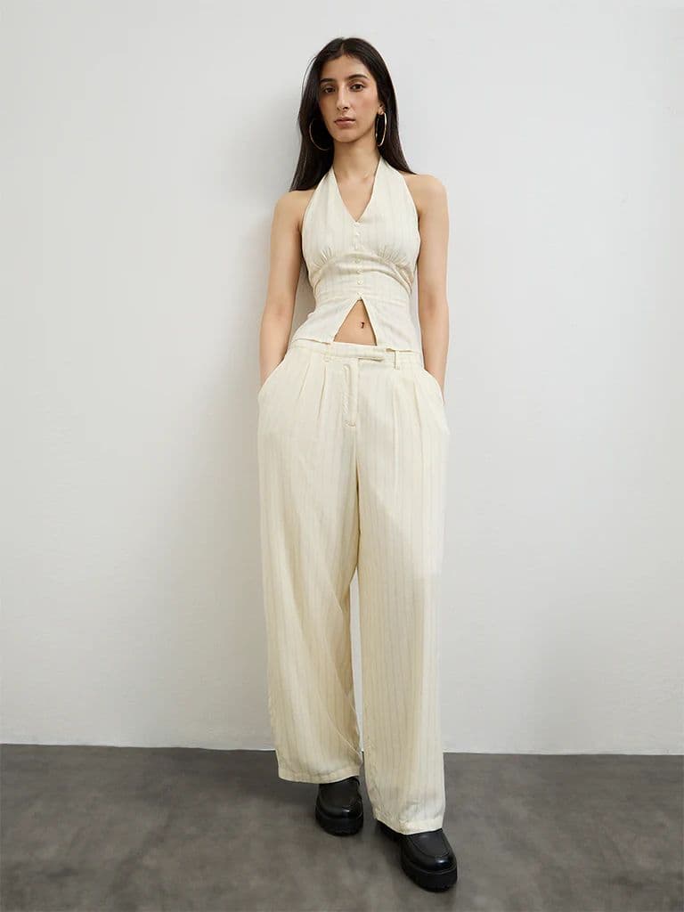 Nuon Light Yellow Striped High-Rise Trousers