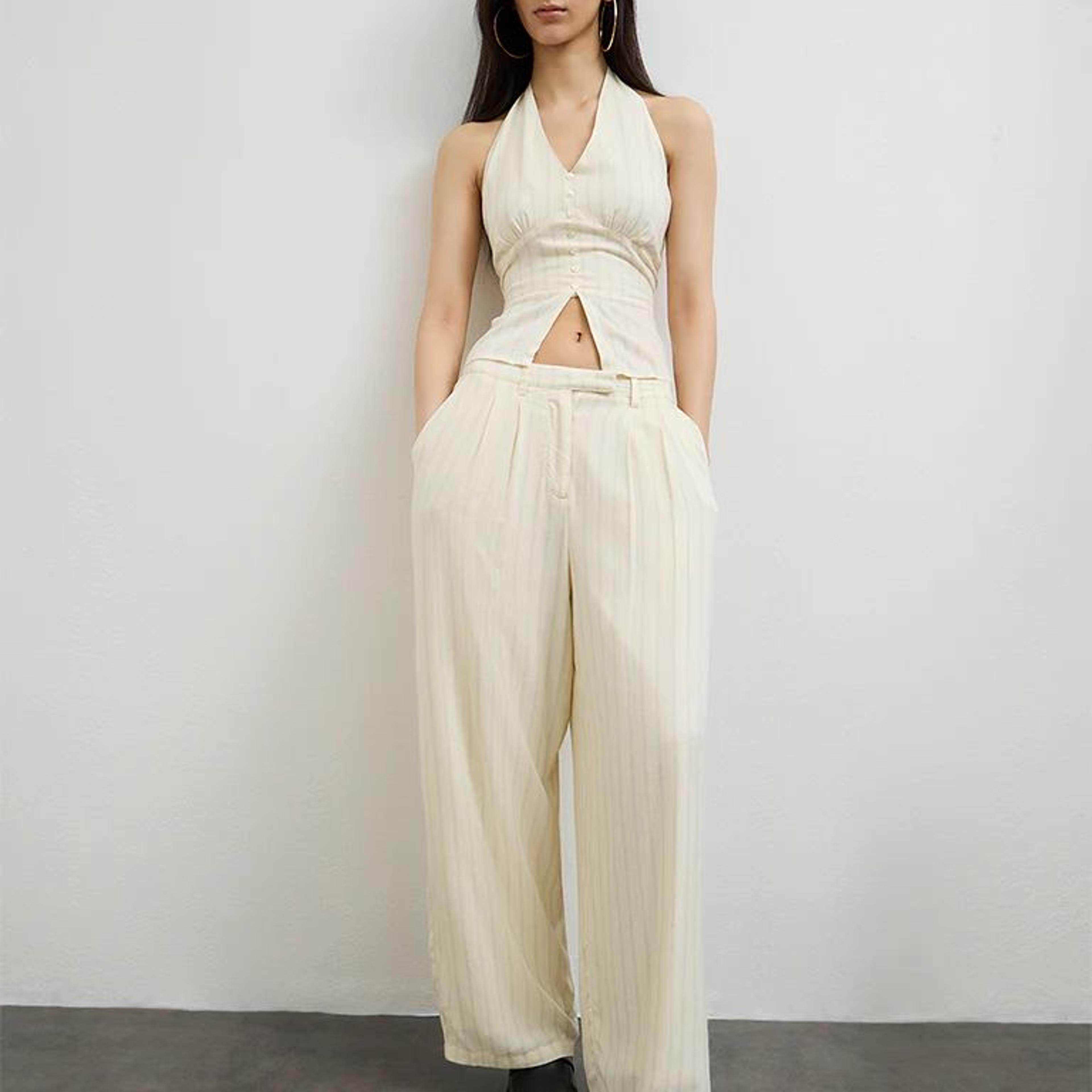 Nuon Light Yellow Striped High-Rise Trousers