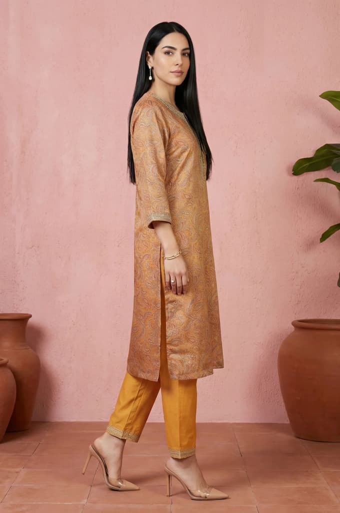 Mustard Sequins Paisley Printed Tissue Straight Kurta with Straight Pants and Dupatta Set — photo 6