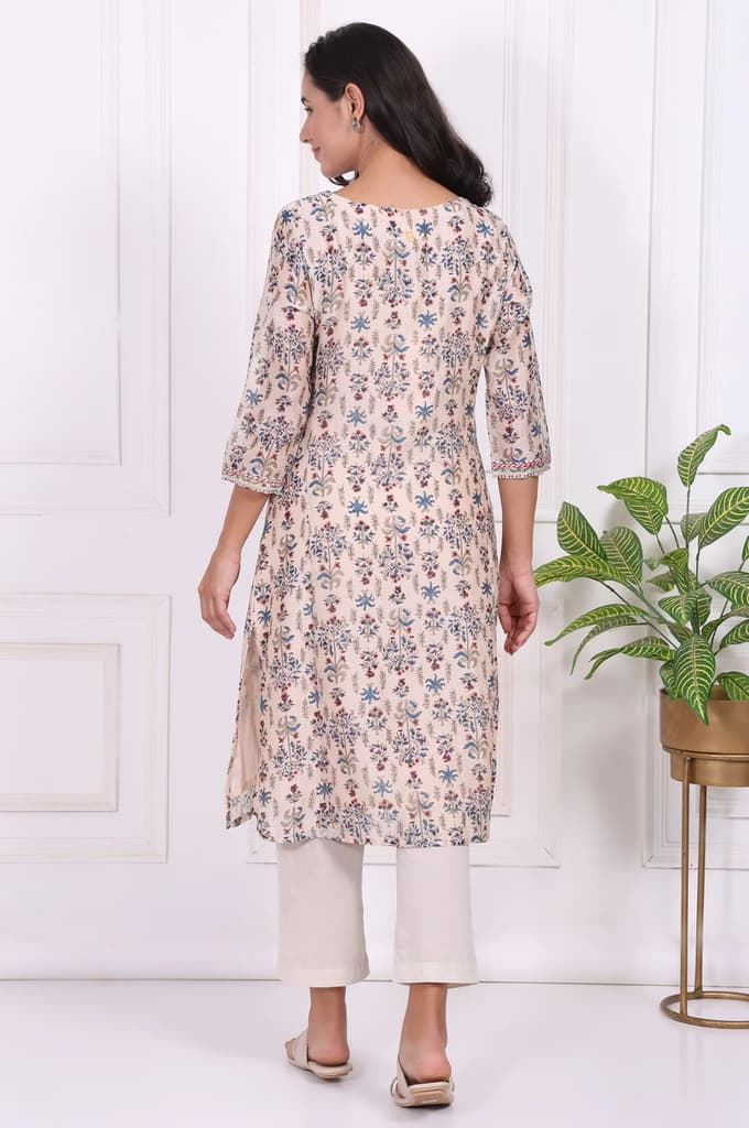 Beige Floral Printed Thread Embroidered Cotton Silk Straight Kurta — photo 5