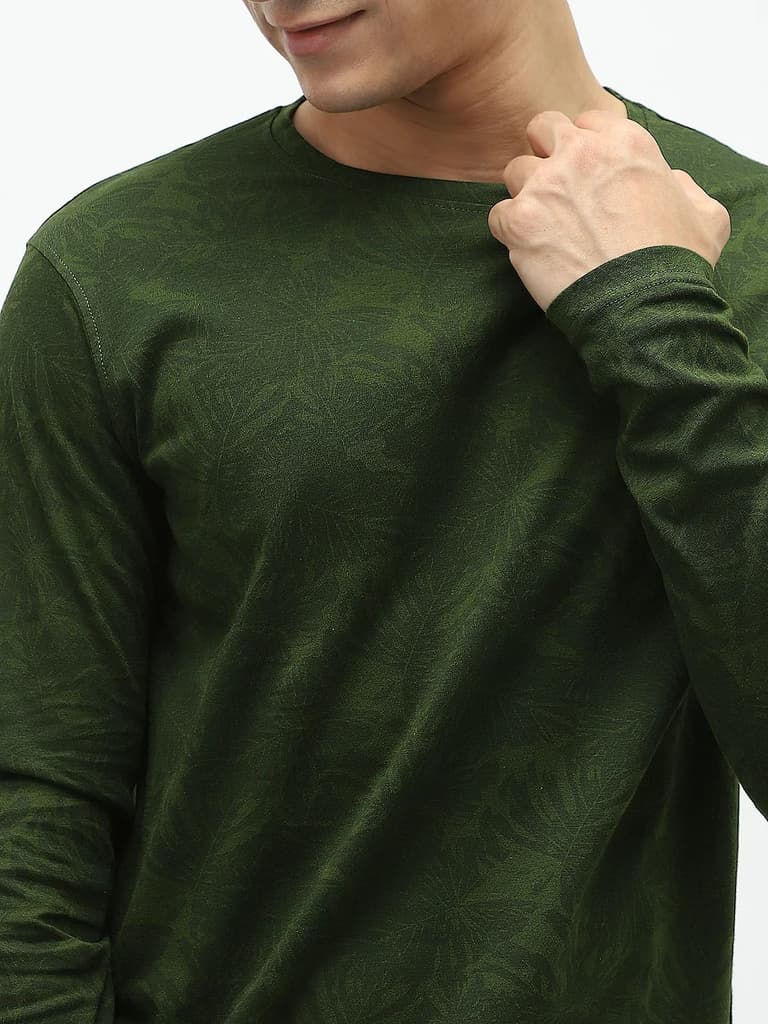 Men's Olive Green Printed Full Sleeve Slim Fit Cotton T-Shirt — photo 6