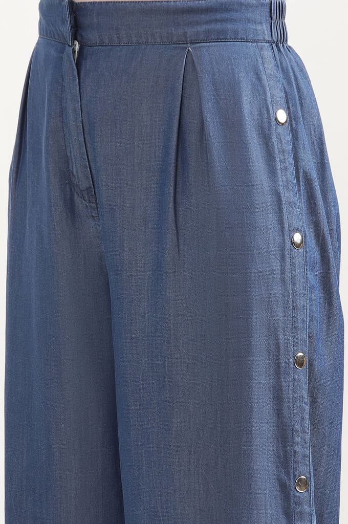 Blue Solid Wide Leg Denim Palazzo With Side Buttons — photo 7