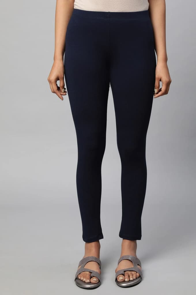 Navy Blue Solid Skinny Fit Cotton Tights With Slip On Closure
