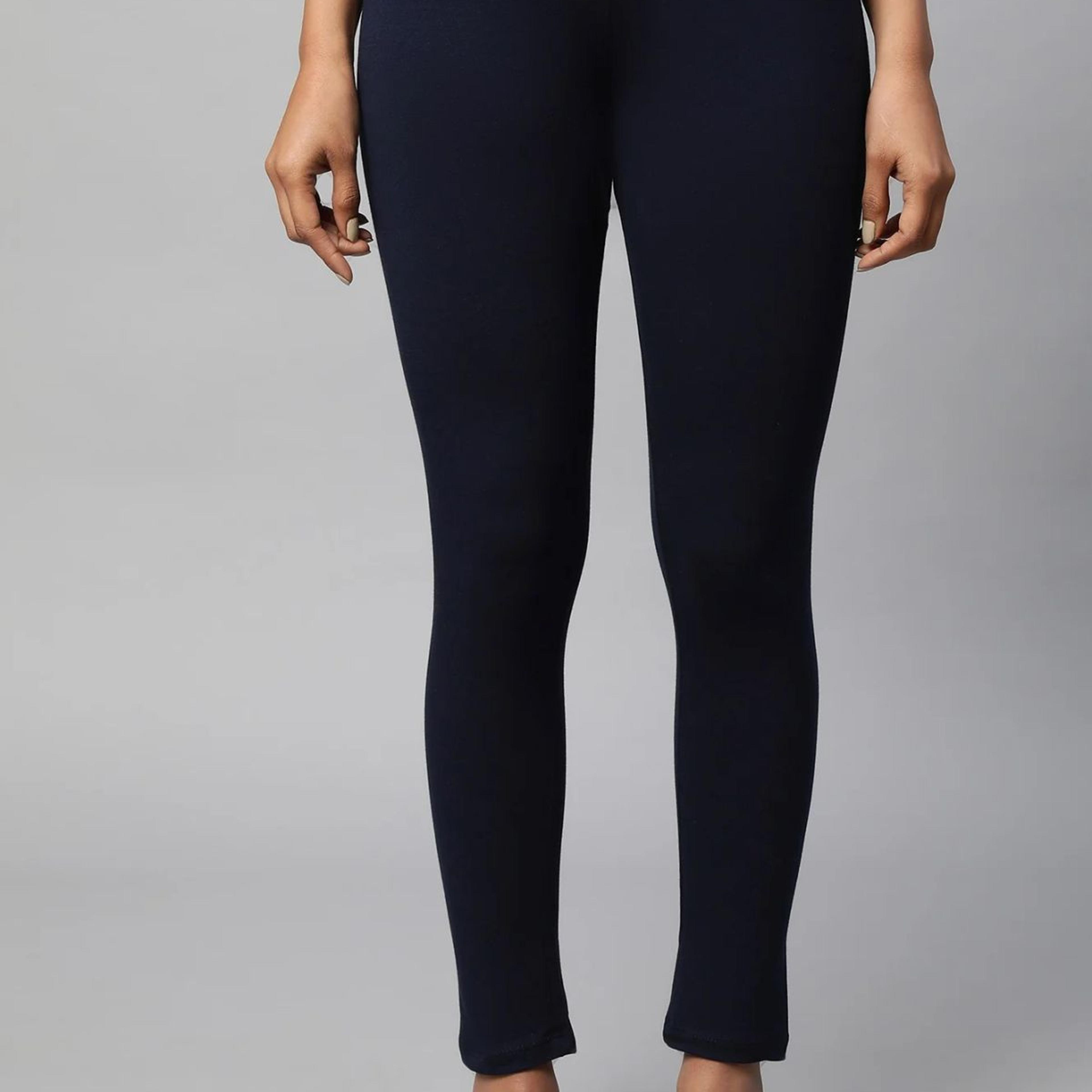 Navy Blue Solid Skinny Fit Cotton Tights With Slip On Closure