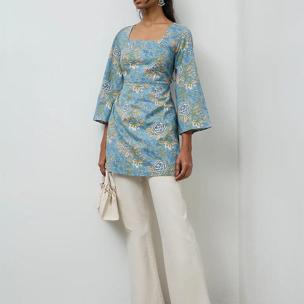 Utsa Blue Foliage Pattern Cotton Tunic