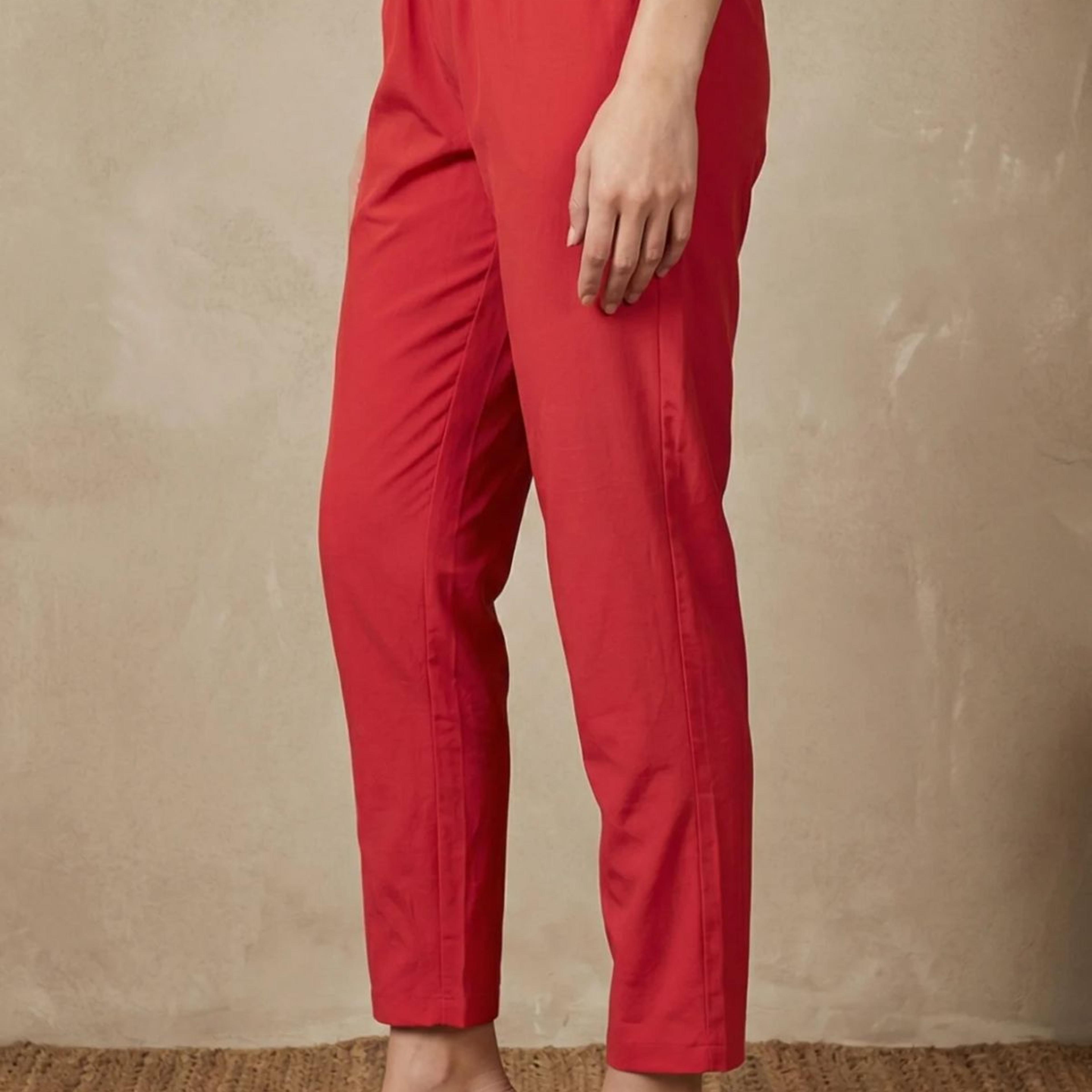 Red Solid Rayon Straight Fit Ankle Length Mid Rise Pants