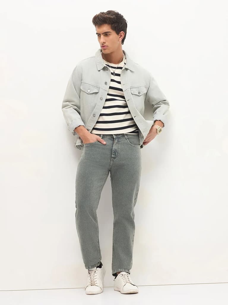 Men's Light Grey Regular Fit Towel Washed Yellow Tint Denim Jeans Stretchable — photo 5