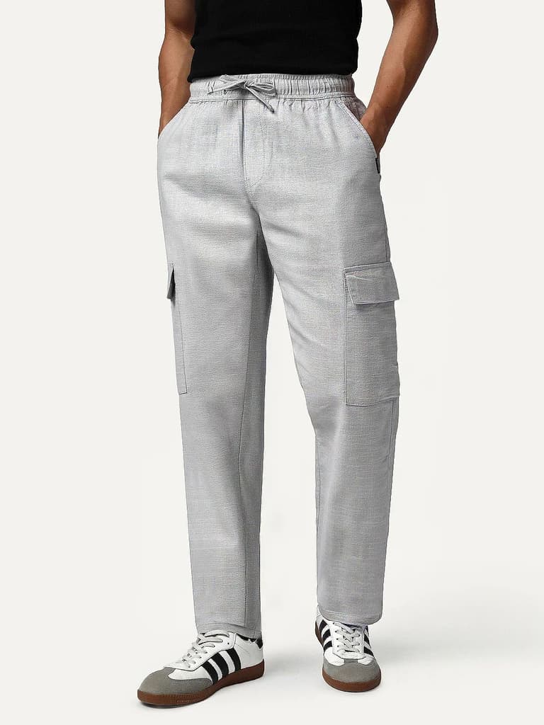 Men's Light Grey Straight Fit Linen Cargo Pants with 6 Pockets — photo 2