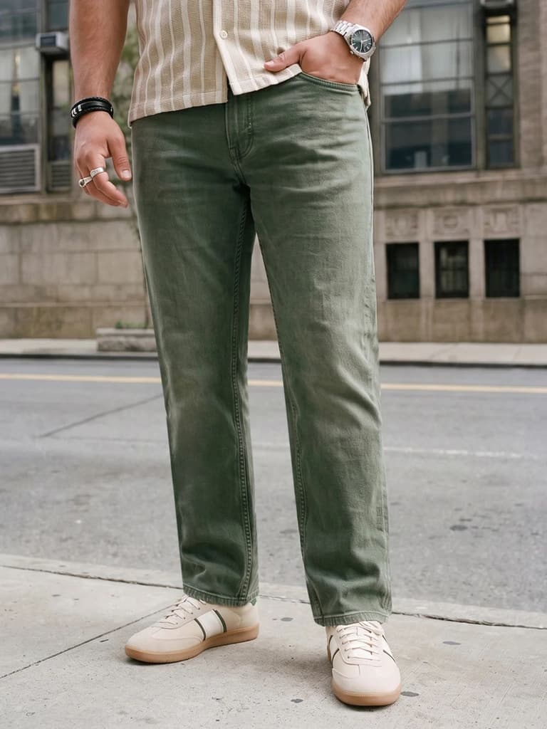 Plus Men's Olive Relaxed Fit Washed Denim Jeans Non-Stretchable — 36 / Olive