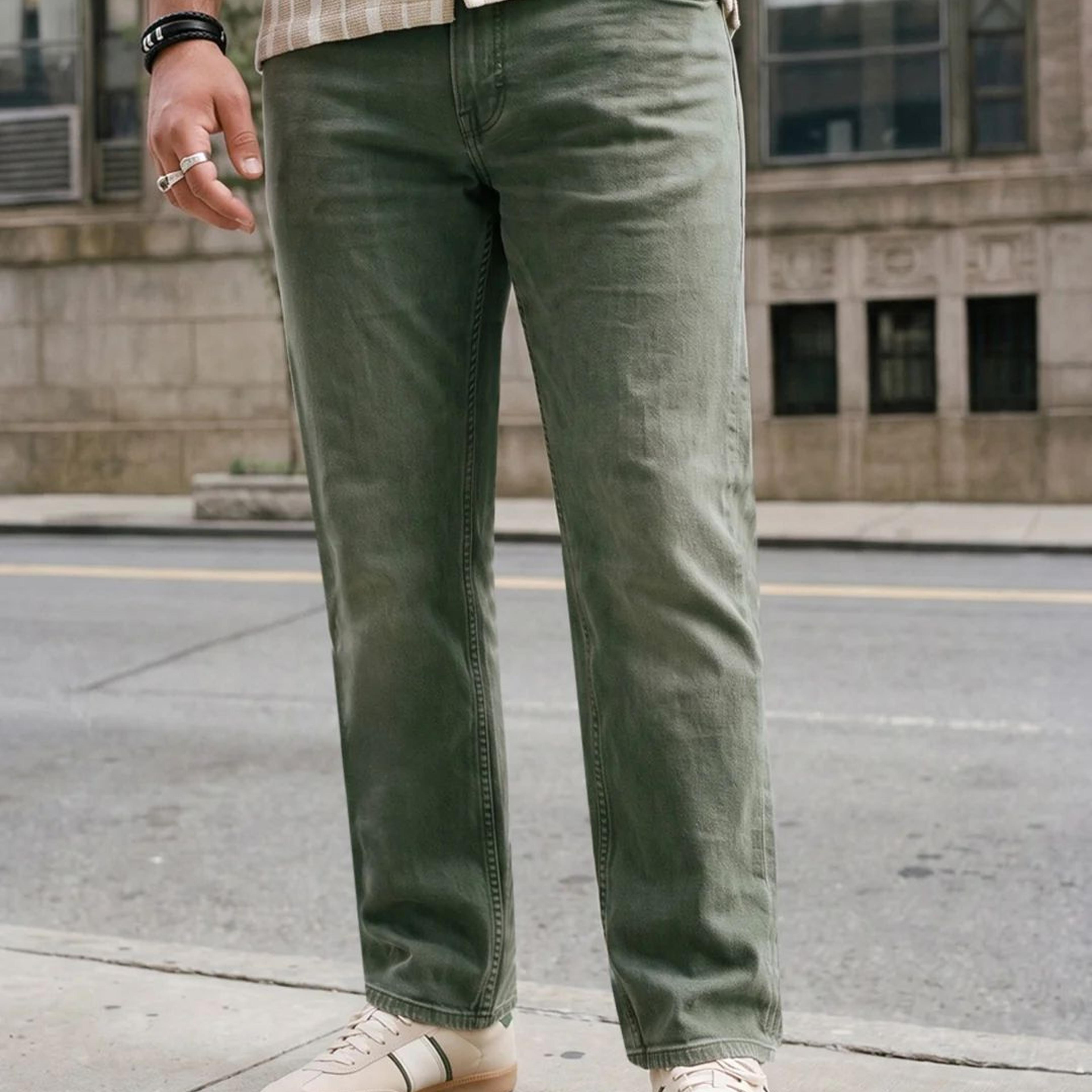 Plus Men's Olive Relaxed Fit Washed Denim Jeans Non-Stretchable