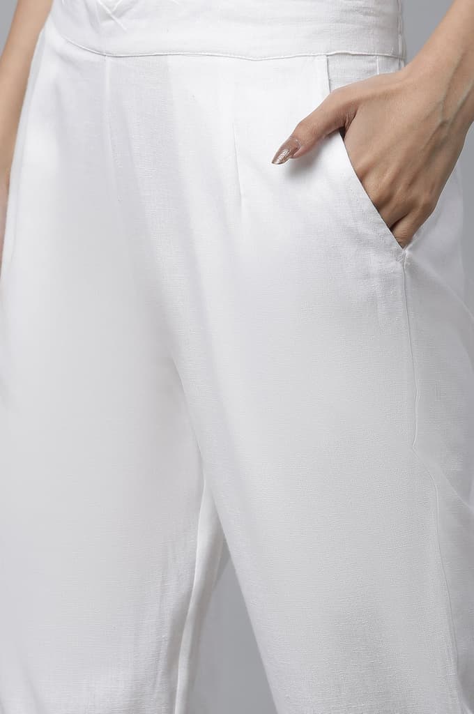 White Solid Straight Fit Cotton Trousers With Button Detail — photo 6
