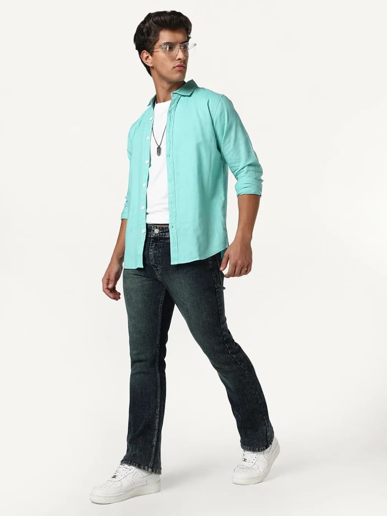 Men's Dark Blue Bootcut Fit Mid Rise Tinted Heavy Washed Jeans Stretchable — photo 4