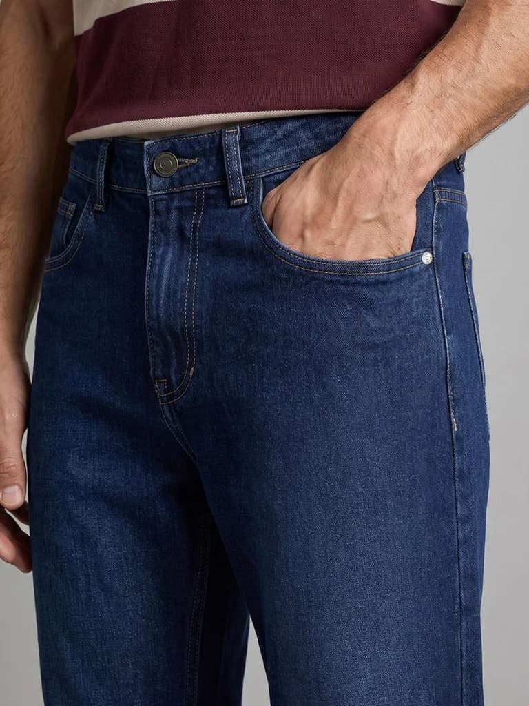 Men's Dark Blue Relaxed Fit Washed Denim Jeans Non-Stretchable — photo 5