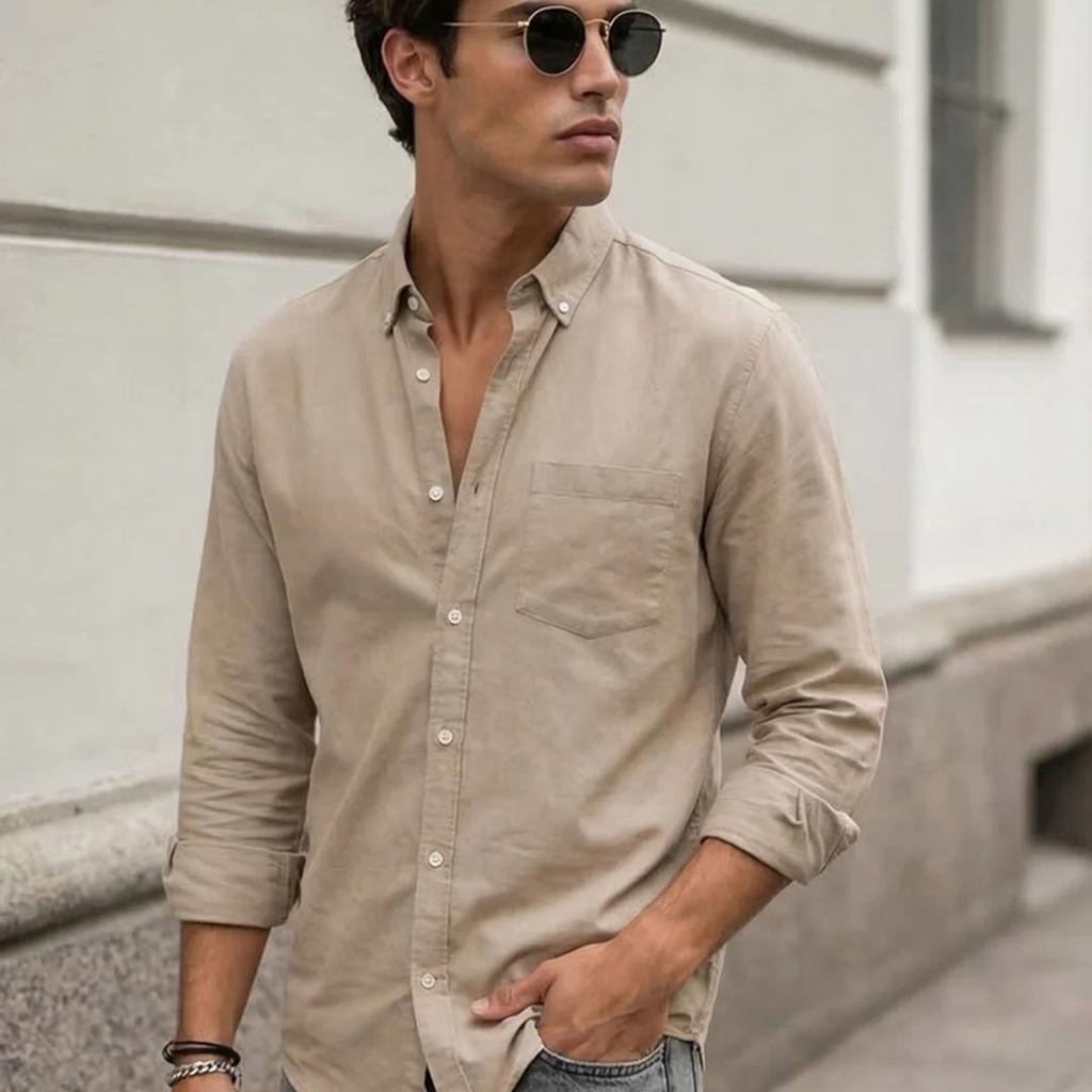 Men's Khaki Cotton Full Sleeve Regular Fit Solid Oxford Shirt With Button-Down Collar